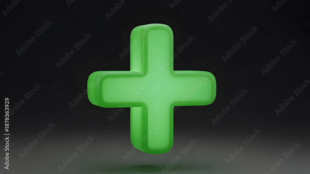 Fototapeta premium Glowing green plus sign symbol on dark background