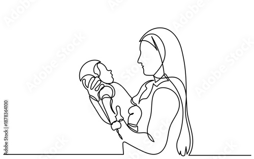 Mother and baby line art vector illustration. Minimalist line art of a mother holding her children, continuous line drawing of a mother, love, care, newborn, happy, cute vector.