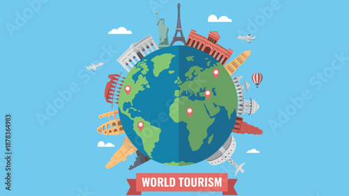 Globe Surrounded by Famous World Landmarks and Airplanes, Concept of World Tourism, Global Travel Exploration, International Vacation Planning, and Architectural Sightseeing Vector Illustration