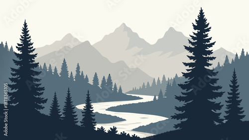 Minimal Pine Forest River Vector