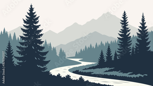 Minimal Pine Forest River Vector