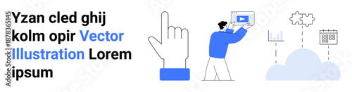 Man holding device, gesture hand icon, cloud with data visualization, calendar. Ideal for cloud computing, data management, innovation, digital tools, teamwork IT services simple landing page