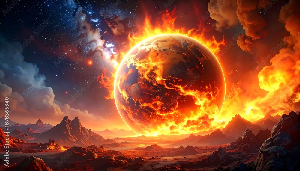Obraz premium Fiery world burns with apocalyptic flames, cosmic sky, and desolate landscape