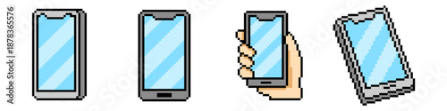 Set of pixel smartphone vector for tech games. Ideal for mobile devices, screen interfaces, app icons, and retro 8-bit digital communication tools.