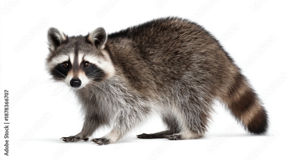 Obraz premium Curious Raccoon with Distinctive Facial Features on White Background