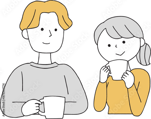 飲み物を飲むカップル単色