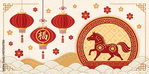 Chinese New Year Banner with Zodiac Horse and Traditional Hanging Red Lanterns on Wave Background