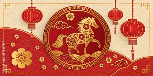Chinese New Year Background for the Year of the Horse with Traditional Lanterns and Paper Cut Art