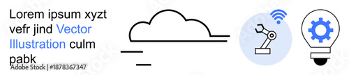 Cloud computing, automation, innovation, industrial technology, engineering design, futuristic solutions. Cloud icon with robotic arm and light bulb. Cloud computing and automation concept