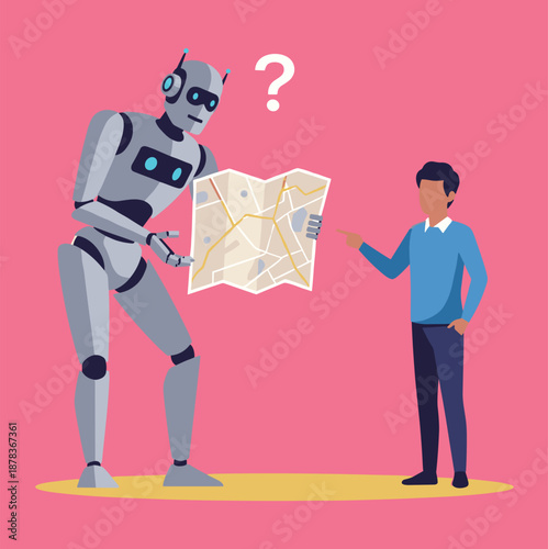 Human Man Giving Map Directions to a Confused Collaboration, Technological Navigation Failure, AI Orientation, and Collaborative Problem Solving Vector Illustration