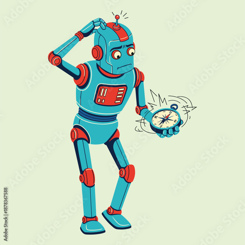 Confused Retro Robot Scratching Head While Technological Disorientation, Navigation System Error, Mechanical Failure, and AI Vulnerability Vector Illustration