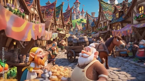 Colorful animated fairytale market with cheerful characters, food stalls, and a distant castle