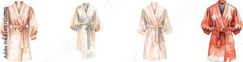 Watercolor Technical flat sketch of women's belted robe with puff sleeves set. Isolated on white background