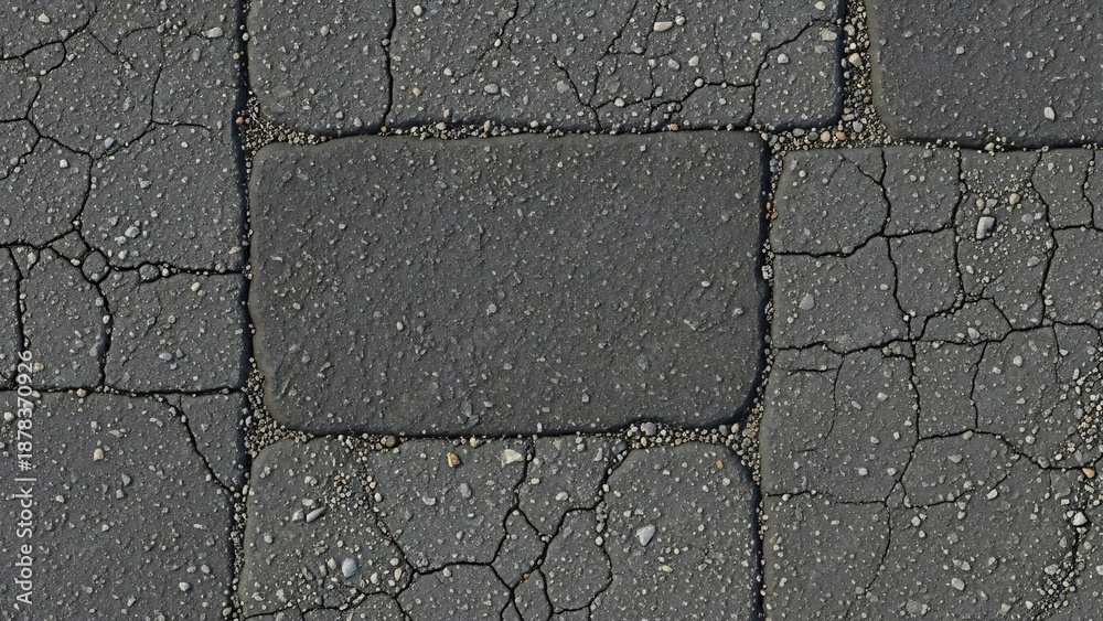 Obraz premium Cracked asphalt pavement texture with visible aggregate and fine gravel filling the gaps between worn rectangular blocks.