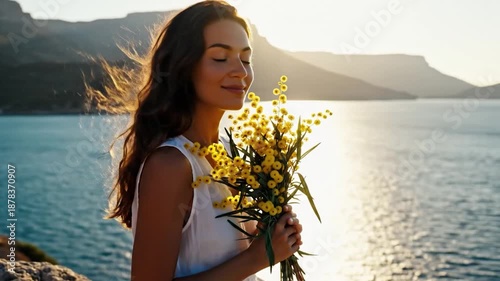 Serene woman holds yellow flowers, eyes closed, on cliff overlooking sunlit sea