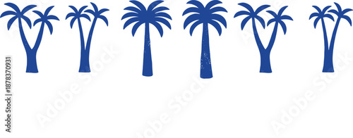 Blue palm tree silhouette row, tropical nature icons, beach foliage design, minimalist botanical set, exotic summer elements, flat vector illustration