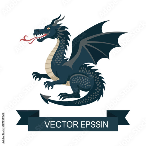 Black Dragon Vector Illustration with Ribbon Banner.
