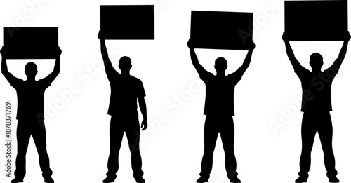 Black silhouettes of men holding blank signs over heads, protesters standing with placards, isolated on white background, vector illustration set, advertising banner concept.