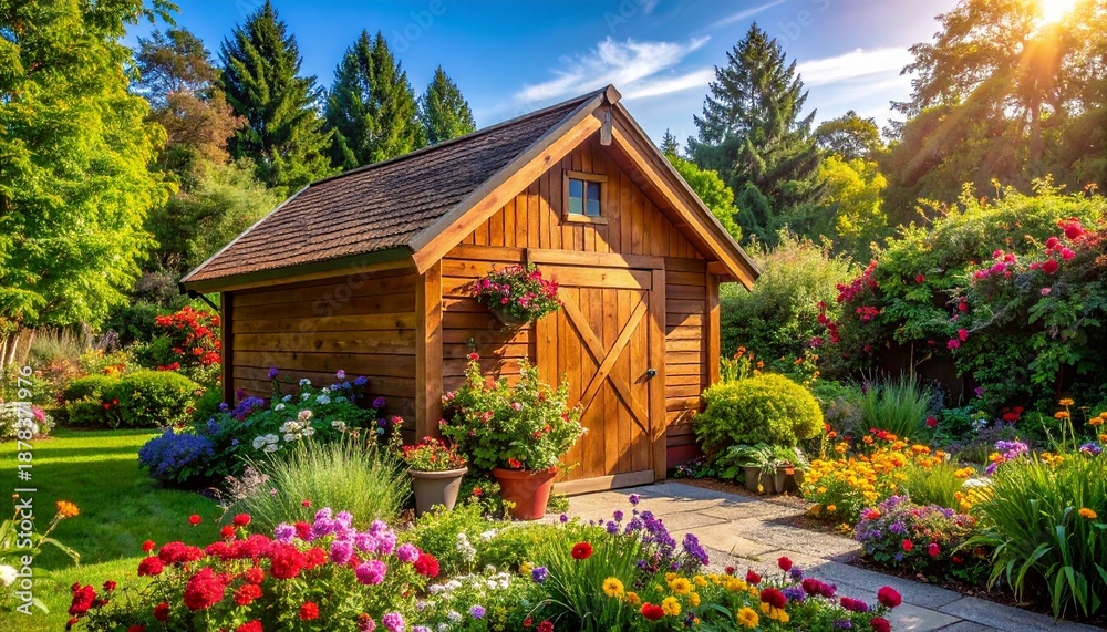 Fototapeta premium A picturesque digital illustration of a small wooden garden shed surrounded by a lush, colorful garden. The shed features a pitched roof, a single door, and flower boxes filled with blooming plants at