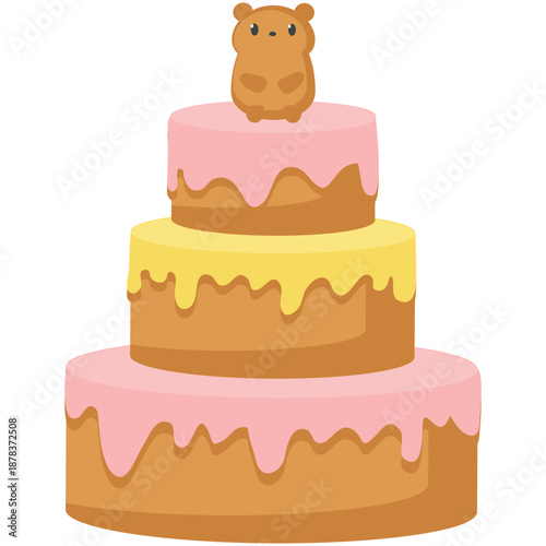 Cartoon cake vector. Birthday party celebration icon. Flat dessert food for baby shower isolated on white background