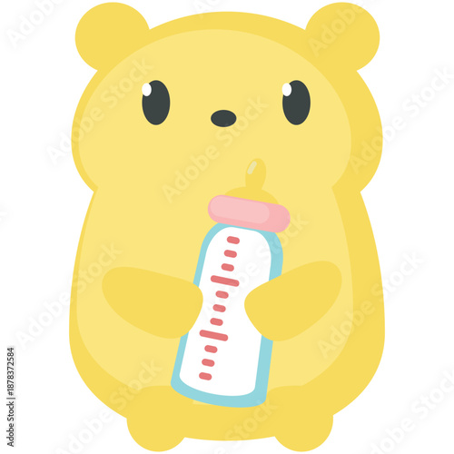 Teddy bear vector holding baby milk bottle with nipple. Cute toy icon for invitation. Newborn child shower party celebration accessory isolated on white background