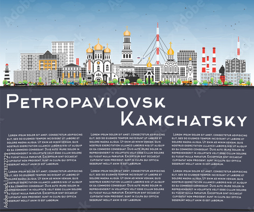 Petropavlovsk-Kamchatsky Russia city skyline with color buildings, blue sky and copy space. Cityscape with landmarks. Business travel, tourism concept with modern and historic architecture.