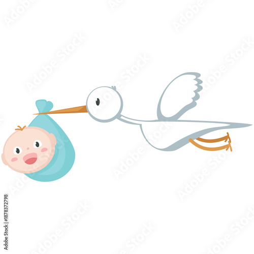 Stork carrying newborn vector. Bird and cartoon born child illustration isolated on white background. Child birth greeting. Invitation postcard character delivering kid. Baby shower concept