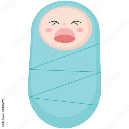 Newborn baby swaddle vector. Infant boy wrapped in blue blanket crying cartoon icon isolated on white background. Child born, birthday, baby shower concept