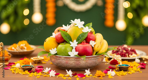 Happy Ugadi Greeting Card Background With Decorated Kalash and mangoes traditional new year festival in karnataka andra paradesh and tamil nadu tamil ... See More