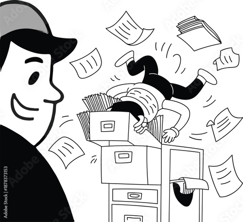 Humorous Concept of Administrative Chaos with Worker Falling into Filing Cabinet Amidst Flying Papers, Disorganization, Document Management Failure, and Professional Stress Vector Illustration