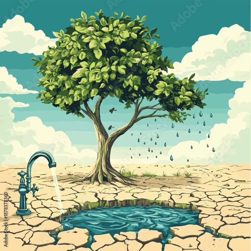 Illustration of a dry landscape with cracked earth, a tree, a faucet, and water droplets falling , vector style simple color