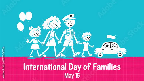 Happy Family Walking Together with Balloons and Car for  Unity, Joyful Togetherness, Social Stability, and Vibrant Community Life Vector Illustration