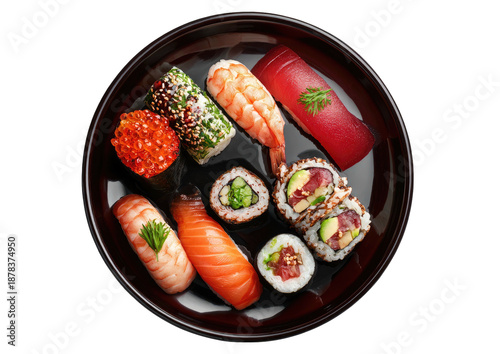 Assorted sushi on a dark plate, fish, rice, and colorful toppings