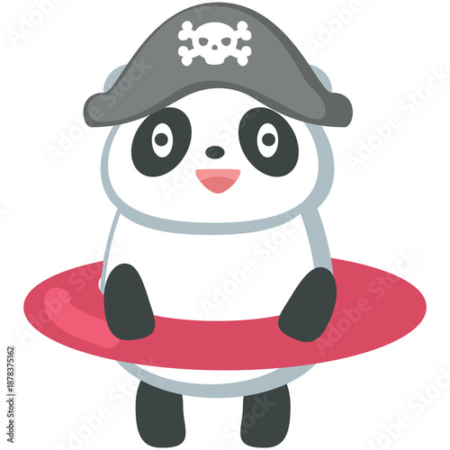 Panda pirate vector. Cute bear sailor holding lifebuoy icon. Funny baby animal marine character illustration isolated on white background