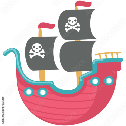 Pirate ship vector. Cartoon sea sail boat icon illustration. Isolated wooden sailboat, corsair caravel on white background