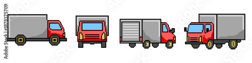 Set of pixel truck vector for transport games. Ideal for delivery vehicles, heavy lorries, shipping cargo, and retro 8-bit road traffic icons.