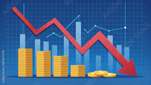 Economic Downturn Illustrated with Falling Graph and Coins