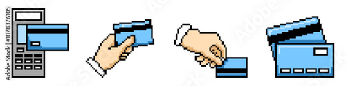 Set of pixel credit card vector for finance games. Ideal for banking icons, online payments, digital wallets, and retro 8-bit money transaction items.