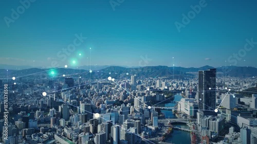 Drone aerial photography of modern city and communication network concept