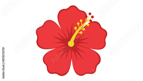 A vibrant red hibiscus flower with a yellow stamen against a clean white background in a flat lay composition with bold lines and bright colors.