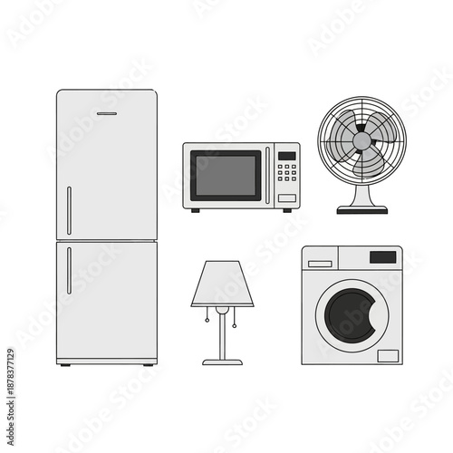 Household Appliances - Refrigerator, Microwave, Fan, Lamp, and Washing Machine.