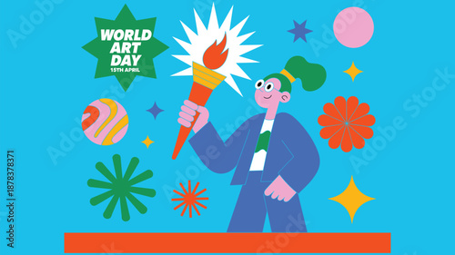 Cheerful Character Holding a Torch for April 15th World Art Day, Concept of Creative Inspiration, Artistic Enlightenment, Empowerment Vector Illustration