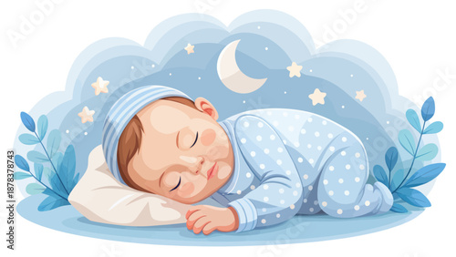 Peaceful Baby Sleeping Under Crescent Moon and Stars