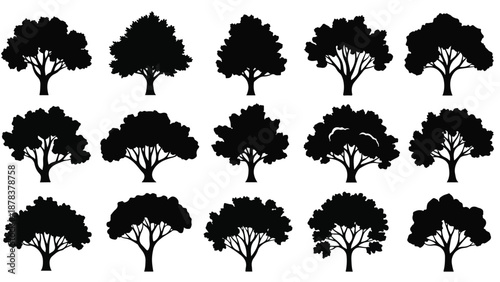 Collection of 14 different tree silhouettes on a plain white background.