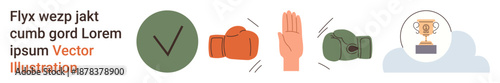 Achievement, conflict, competition, victory, decision-making, teamwork. Red and green boxing gloves, checkmark hand stop gesture trophy icon. Conflict and competition concept