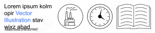 Productivity, efficiency, learning, industrial manufacturing, academic research, time management. Stylized factory, clock and book in line art style. Productivity and efficiency concepts