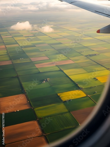 Vibrant Patchwork of Fields Unfolds Beneath a Plane During a Serene Afternoon Flight Over Rural Landscapes