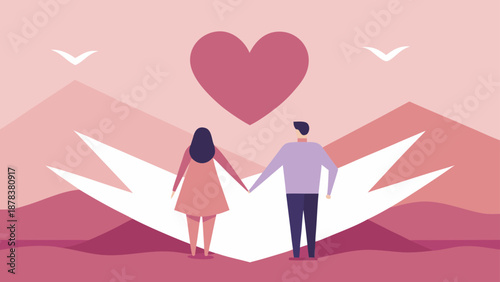 A Romantic Minimalist Illustration of a Couple Holding Hands in a Peaceful Nature Scene with a Heart Above