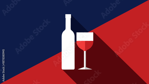 Sleek and Elegant Flat Design Illustration featuring a white wine bottle silhouette and glass with red wine on a modern color-block background