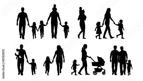 Collection of Family Silhouettes Showing Parents and Children in Varied Poses and Interactions